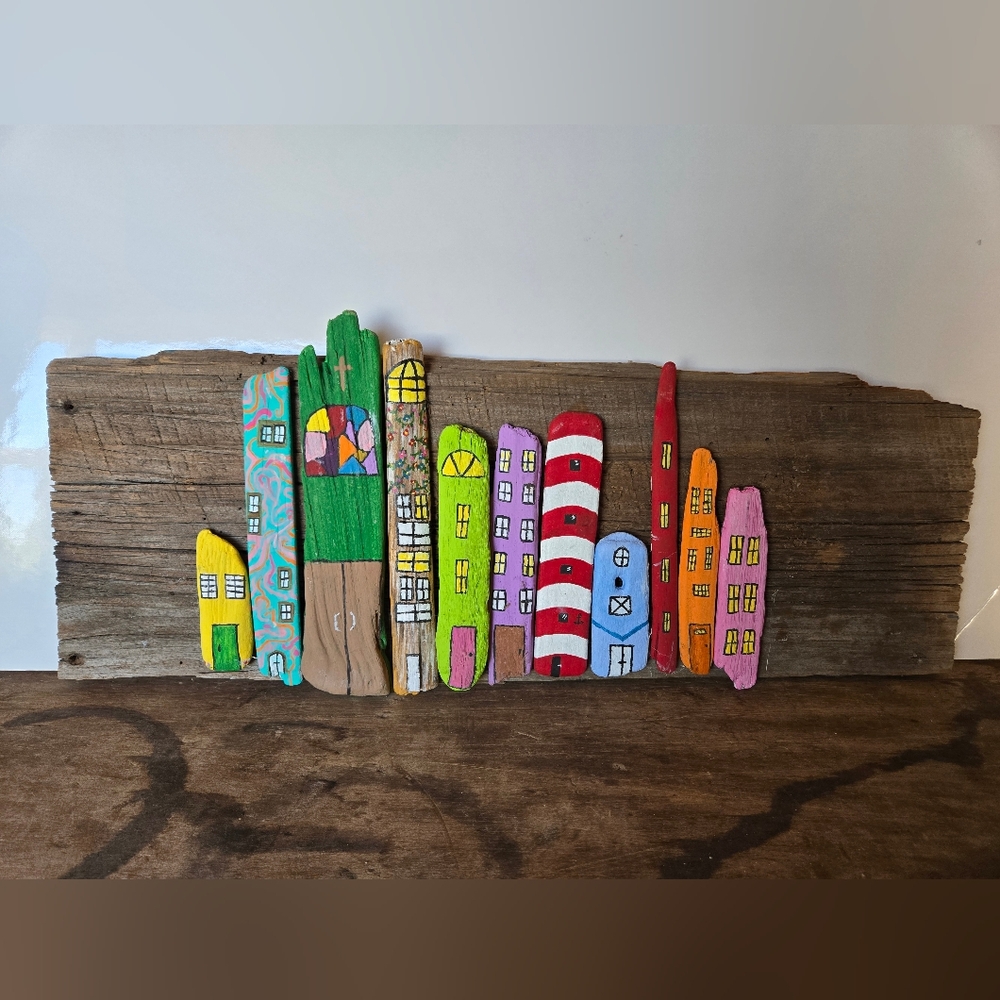 Handmade Driftwood Painted Mini Village Wall Art Decor
